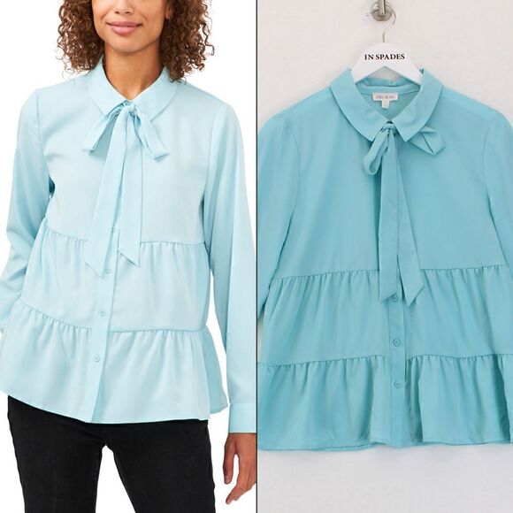 Riley & Rae Tops - Riley Rae Tiered Tie-Neck Blouse, Create Seafoam